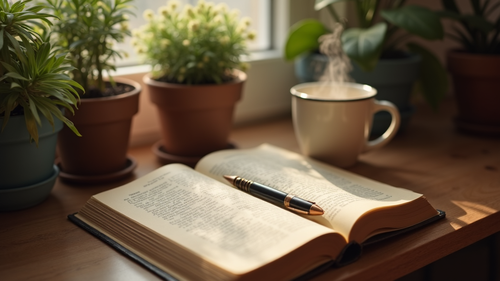 An open devotional journal with a pen, surrounded by cozy warm light, plants, and a cup of tea
